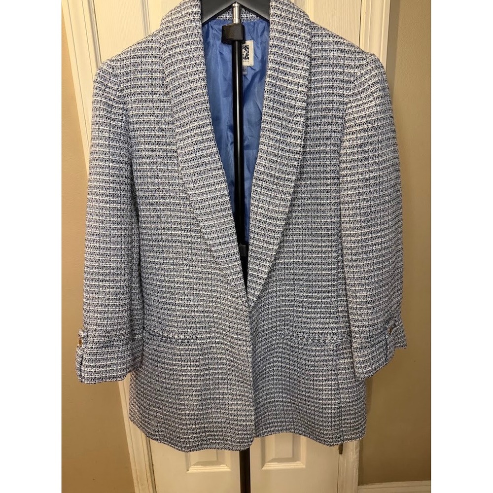 Anne Klein Blue White Tweed Longline Open Front Blazer Jacket Small